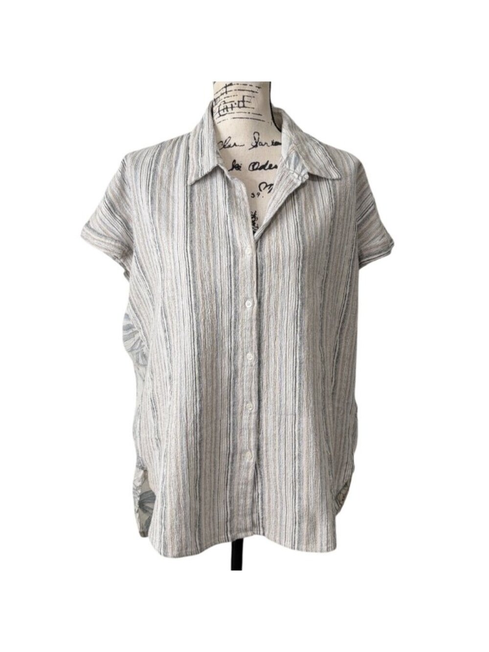 Mystree Womens Size L Top Button-UP Striped Floral Short Sleeve Blouse
